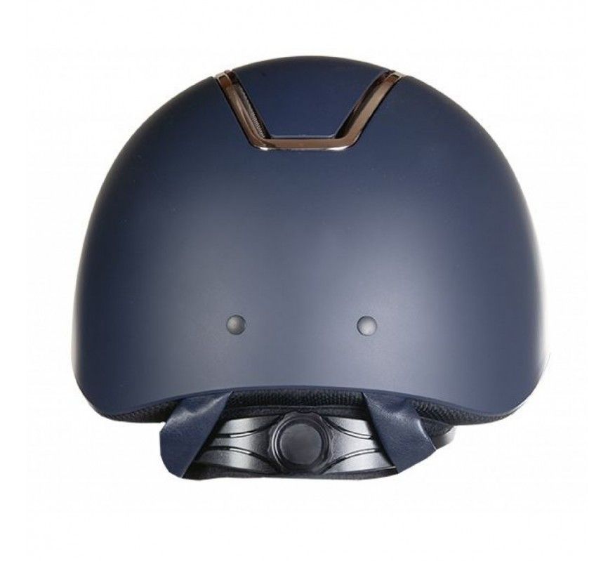 The HKM Lady Shield helmet in navy colour with pink gold insert.