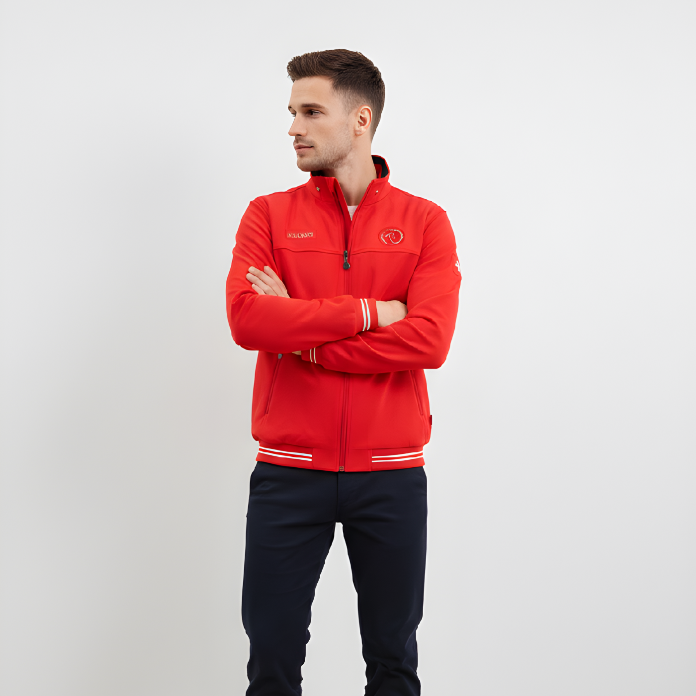 Homme debout, veste coupe-vent rouge with zippé, poignet et ourlet à rayures blanches; bras croisés, pantalon noir, fond gris clair. Homme debout, veste coupe-vent rouge with zippé, poignet et ourlet à rayures blanches; bras croisés, pantalon noir, fond gris clair.