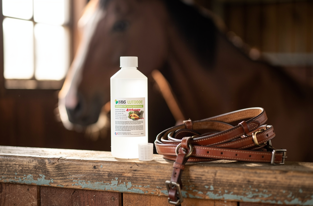 Complément alimentaire pour articulations de chevaux posé sur un rebord d'écurie en bois.