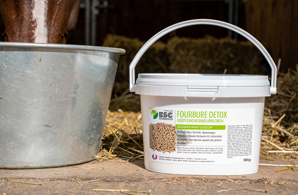 Seau de complément alimentaire ESG Fourbe Detox posé dans une écurie près d'une mangeoire pour chevaux