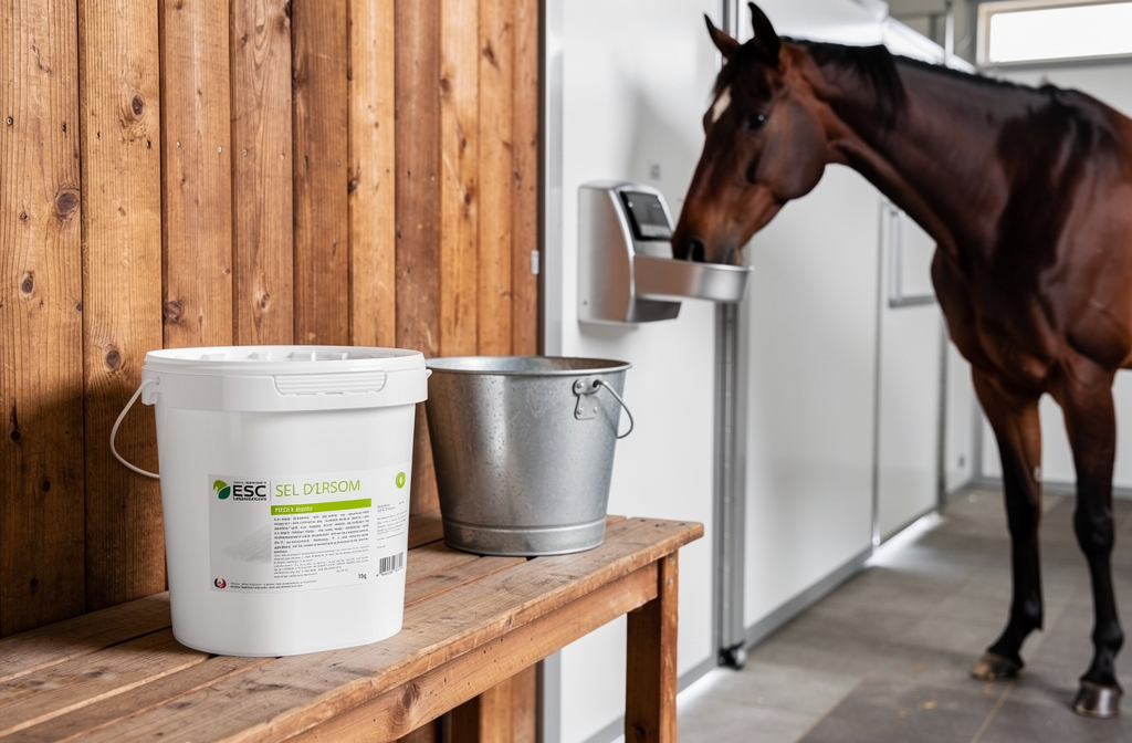 Seau de complément alimentaire d'électrolytes ESC Laboratoire posé dans une écurie moderne avec un cheval sportif s'hydratant en arrière-plan.