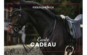 Carte cadeau Foolfashion Étoy: cheval noir avec selle et longe dans cadre sombre